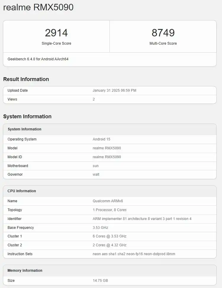 Характеристики realme GT 7 появились в бенчмарке Geekbench