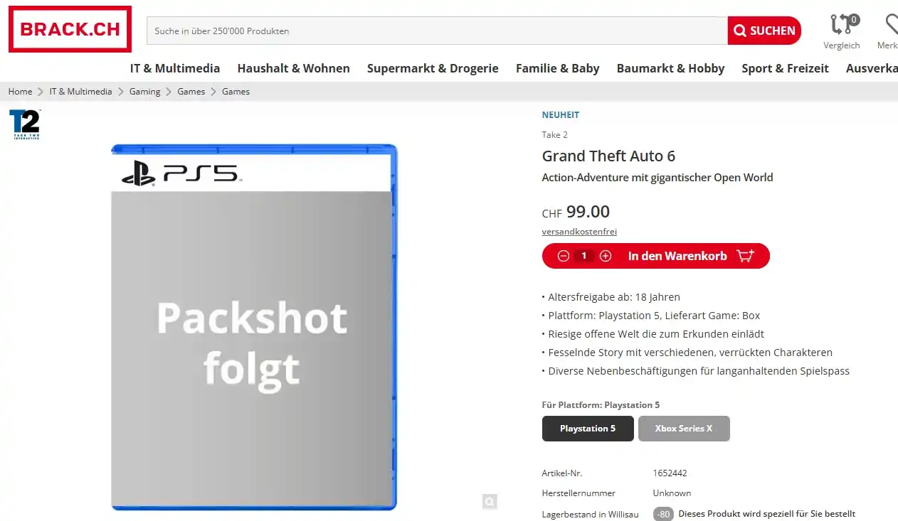 Grand Theft Auto 6 появилась в продаже на швейцарском маркетплейсе за 100 евро