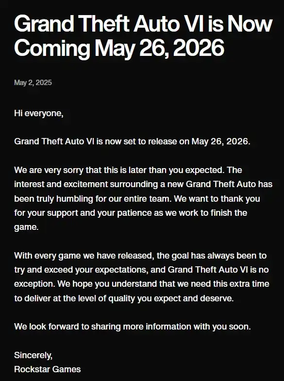 Rockstar Games официально перенесла релиз GTA 6 на весну 2026 года