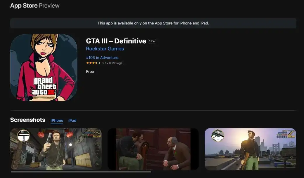 GTA 3 Definitive Edition ненадолго стала бесплатной в App Store из-за ошибки