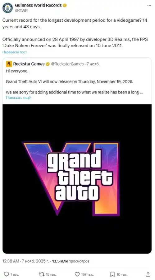 Книга рекордов Гиннесса пошутила над GTA 6 из-за затянувшейся разработки